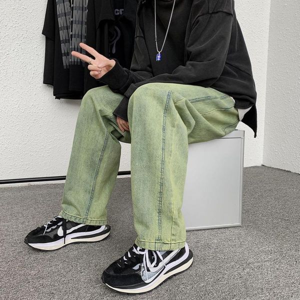 

men's jeans autumn cotton loose casual korean fashion straight-leg streetwear retro denim trousers, Blue