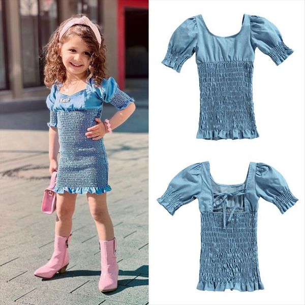 

1 5y summer fashion kids girl dress girls blue solid ruffles puff sleeve square collar skinny, Red;yellow