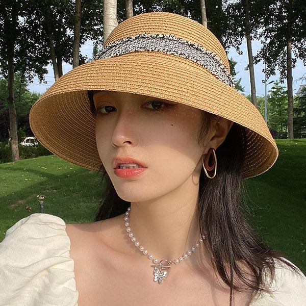 

wide brim hats designer handmade women summer beige hat hepburn style small-edge fisherman ribbontemperament flat straw uv cut foldable cap, Blue;gray