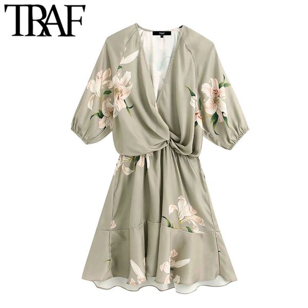 

traf women chic fashion floral print with knot mini dress vintage short sleeve elastic waist female dresses vestidos 210415, Black;gray