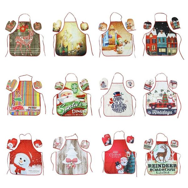 

aprons creative christmas printed kitchen apron with gloves and pad cooking oil-proof cloth antifouling chef kid wholesales