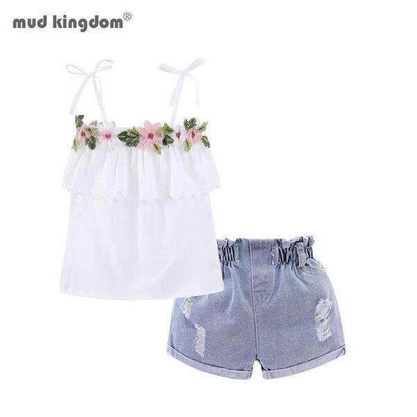 

mudkingdom girls outfits cute flower ruffle camisole denim ripped summer shorts set 210615, White