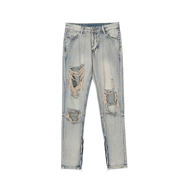 

men's jeans high street wash hole small foot tassel zipper jeans, Blue