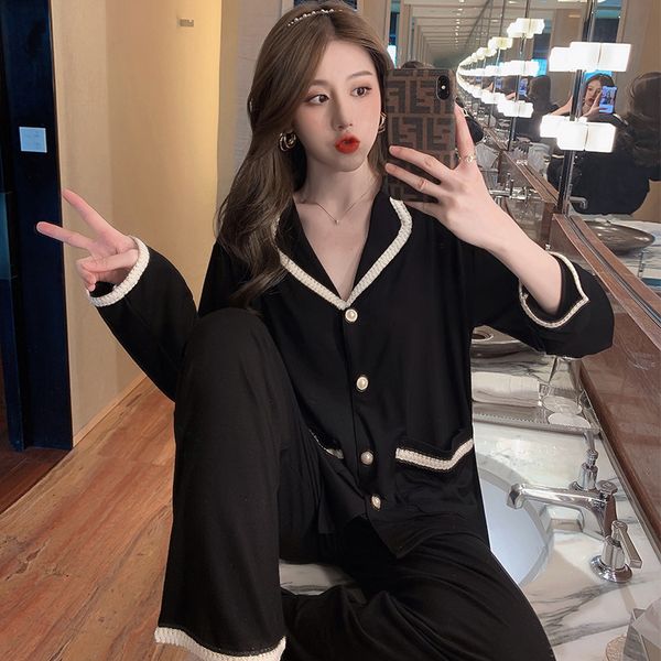 

women's sleepwear spring pyjamas women modal cotton pajamas set ladies small fragrance fashionable cardigan + pant suit home c, Black;red