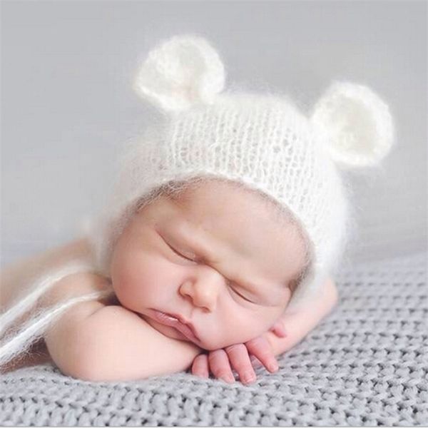 Weiche Mohair Baby Mütze geboren Pografie Zubehör Baby Häkelknoten Mütze Säugling Pografie Requisiten Casquette Fotografia Bär 211023