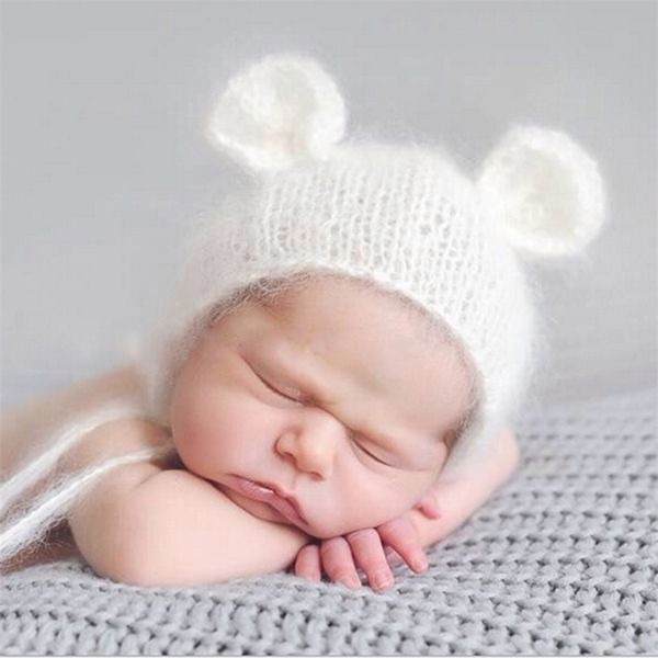 Mohair Soft Mohair Bebê Chapéu Nascido Pogador Acessórios Bebê Crochet Knot Cap Infantil Pogal Pogal Adereços Casquette Fotografia Bear 211023