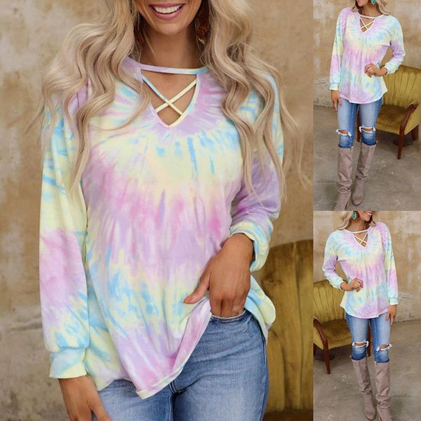 

women's t-shirt summer loose fashion tie dye printing long sleeve, White