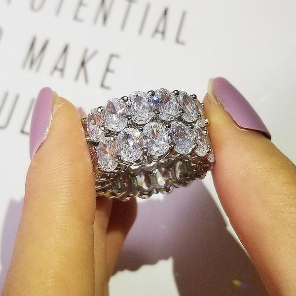

cluster rings fashion solid 925 sterling silver oval zircon wedding eternity band for women anniversay christmas gifts luxury jewelry r5711, Golden;silver