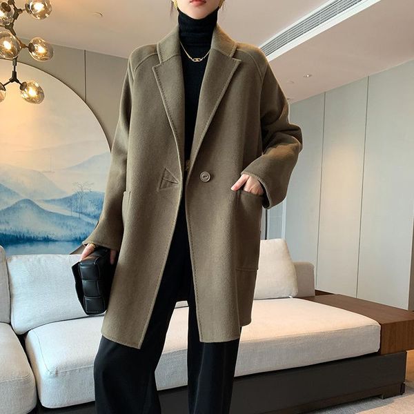 

women's wool & blends double sided cashmere coat winter women medium long loose herringbone womens and blouses, Black