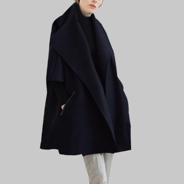 

women's wool & blends large size loose retro tide cape tweed jacket 2021 winter temperament double-sided coat, Black