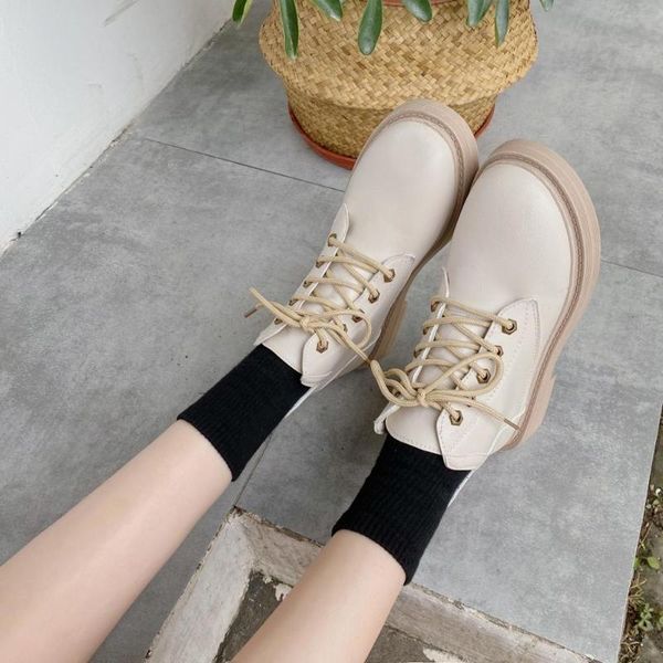 

boots women 2021 autumn british style pu leather short ankle beige black shoes 7he6