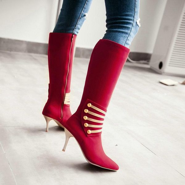 

boots fall winter women's stiletto heel pointed knee fashion street metal rivet color matching suede shoes, Black