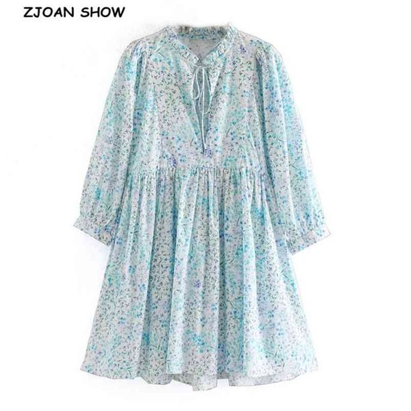 

vintage floral print long sleeve short dress poplin elegant women lacing up bandage slit ruffles collar loose dresses 210429, Black;gray