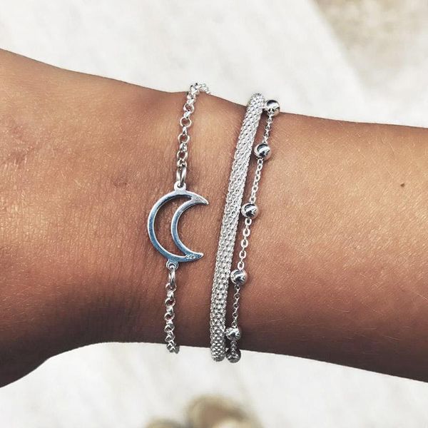 

charm bracelets 3 pcs/set women adjustable moon beaded for friendship gift cx17, Golden;silver