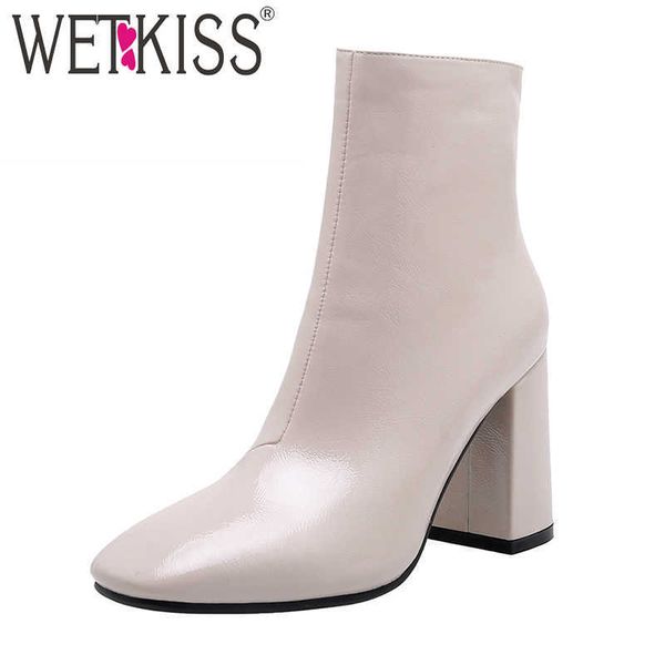 

wetkiss pu boots women ankle booties female high heels thick shoes ladies square toe shoes women winter plus size 45 210630, Black