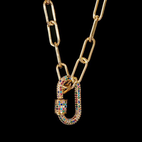 

pendant necklaces luxury punk chunky link chain necklace for women charm cz zircon gold lock spiral carabiner statement, Silver