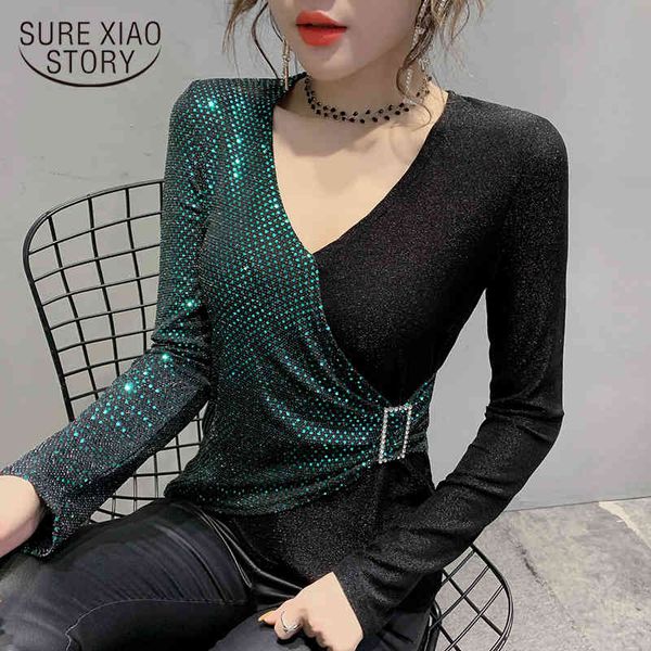 

spring and autumn v-collar sequin spliced slim fashion long sleeve blouses women's bottom shirts female 8040 50 210417, White