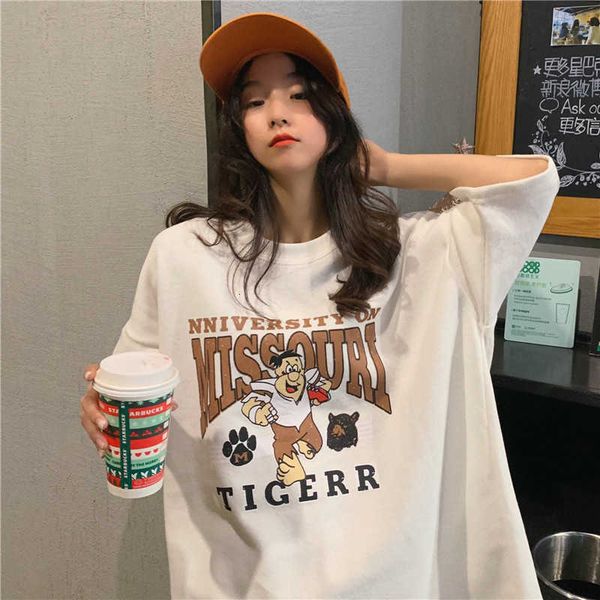 

women's t-shirt casual vintage summer t-shirts women o-neck short sleeve cotton shirts cartoon print letters plus size street, White