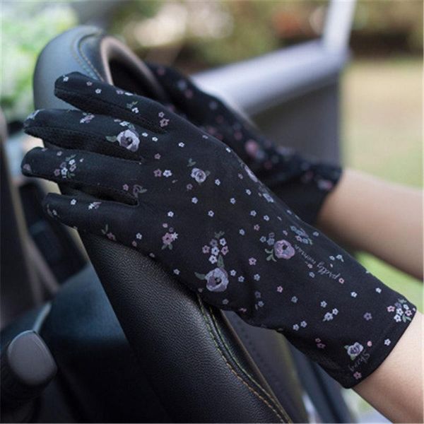 

five fingers gloves summer sunscreen female modal cotton thin girl student floral anti-uv short breathable women fs18, Blue;gray