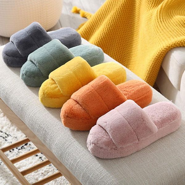 

women fur slippers winter warm shoes ladies soft flock thicken plush rubber flat sweet flip flop indoor, Black
