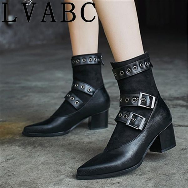 

boots 2021 autumn winter punk women high heels platform buckle zipper sapatos leather mid-calf plus size 32-48, Black