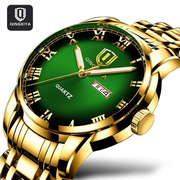 

wristwatches qingxiya brand green dial quartz watch for men luxury waterproof luminous pointer date week wristwatch stainless steel, Slivery;brown