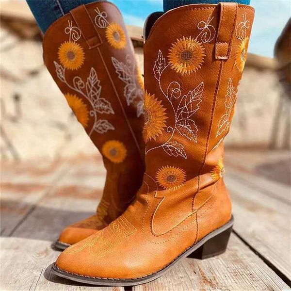 

women boots 2021 autumn sunflower embroider pointed toe slip on western mid-calf waterproof laides winter shoes, Black