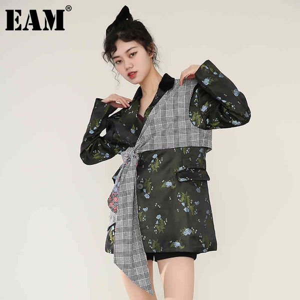 

[eam] women vintage plaid bandage irregular blazer notched long sleeve loose jacket fashion spring autumn 1dd421806 21512, White;black