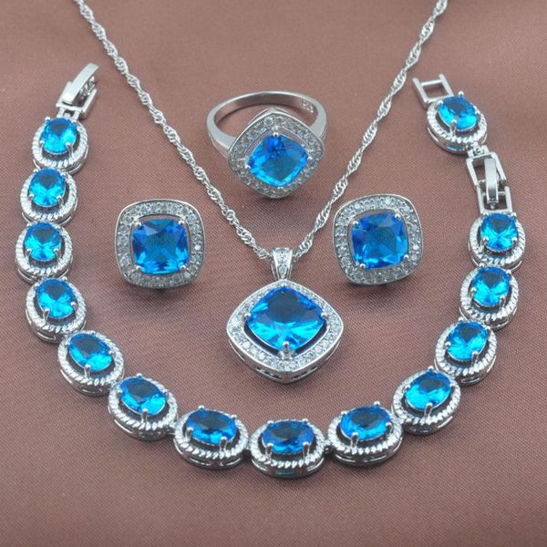 

earrings & necklace square design blue zirconia women's silver plated crystal jewelry sets bracelet pendant ring yz0127