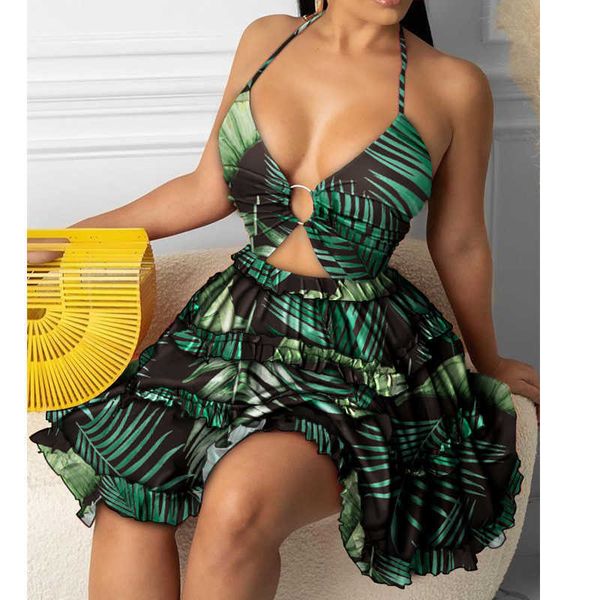 

fashion women backless halter print mini dress beach dresses o-ring cut-out backless frill hem summer short dresses 210716, Black;gray