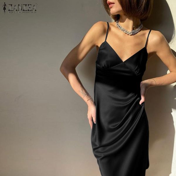 

women's sleepwear 2021 elegant women zanzea summer strap midi nightwear casual solid sleevless lady loose sleepshirt plus size 5xl, Black;red