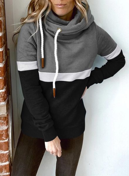 

women's hoodies & sweatshirts women patchwork hooded sweatshirt autumn winter plus size fashion drawstring hoodie casual long sleeve pu, Black