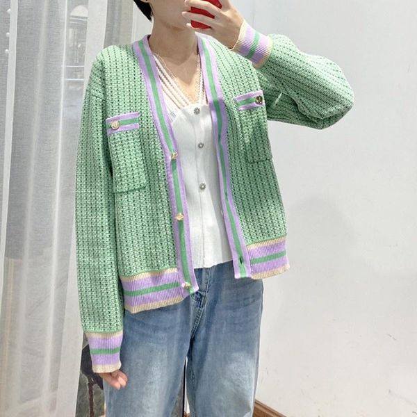 

women's jackets summer spring women elegant spliced plaid v-neck jacket streetwear single breasted loose knitting coat ladies cardigan, Black;brown