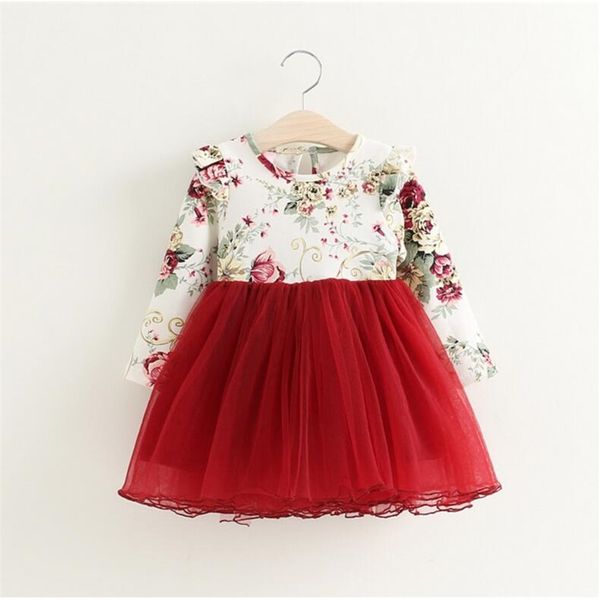 

children flower pattern print dress little girls flying sleeve fall autumn long with sashes kids 2-6yrs 210529, Red;yellow