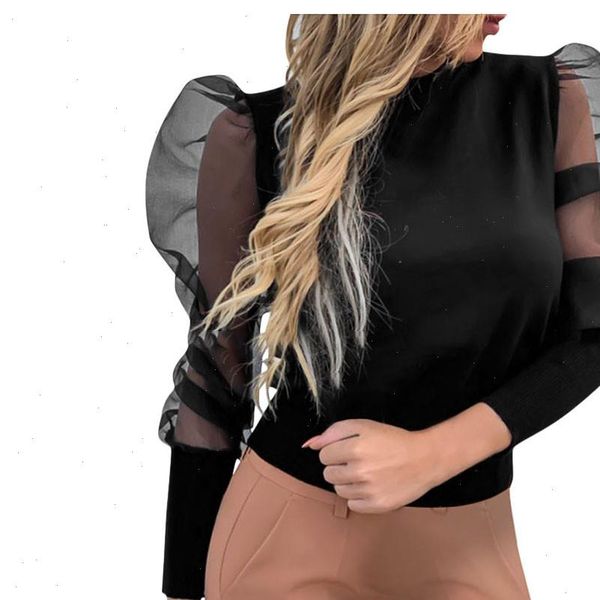 

womens blouses fashion mesh blouse puff sleeve women sheer polka dot organza perspective blusas shirt party clubwear, White