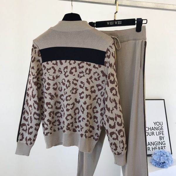 

pants tracksuit women leopard knit zip cardigan +pants suit 2pcs sets long sleeve jacket coat woman casual sweater trousers suits, Black;white