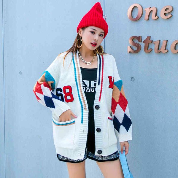 

sweaters european station tide brand cardigan jacket knitting rhombus retro stripe college style v-neck thickening age reduction sweater, White;black