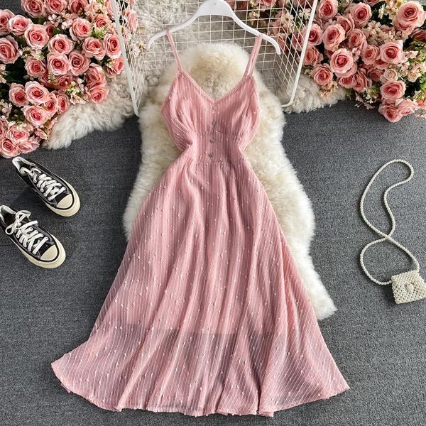 

casual dresses aibeautyer 2021 spring summer solid spaghetti strap dress a line button v neck high waist women, Black;gray