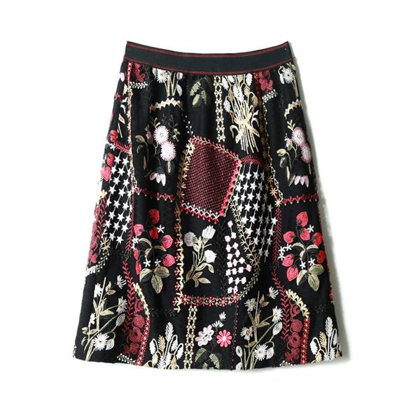 

black embroidery floral skirt knee length elastic waist s0176 210514