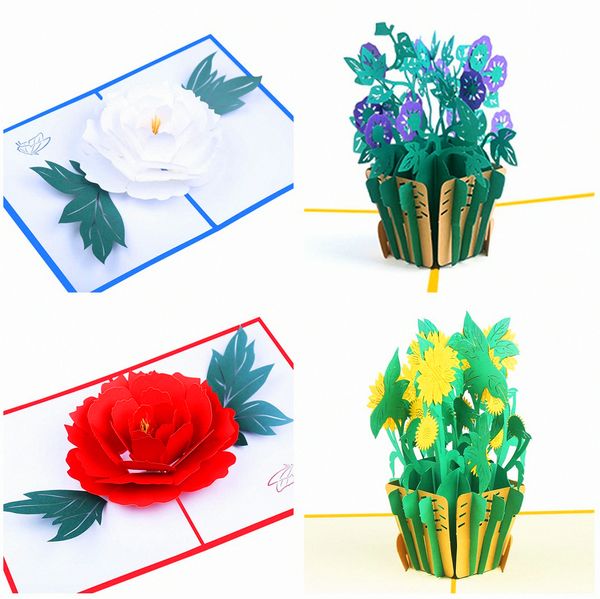 4-Pc Cesto di fiori Biglietti d'auguri pop-up 3D Compleanno Anniversario Regali Peonia Biglietto di girasole per Congratulazioni Matrimonio Congratulazioni San Valentino Uomo Donna