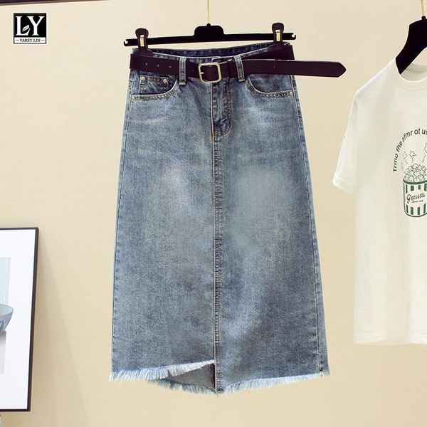 

suits spring summer women high waist medium length loose a-line skirts with belt split denim skirt, Black