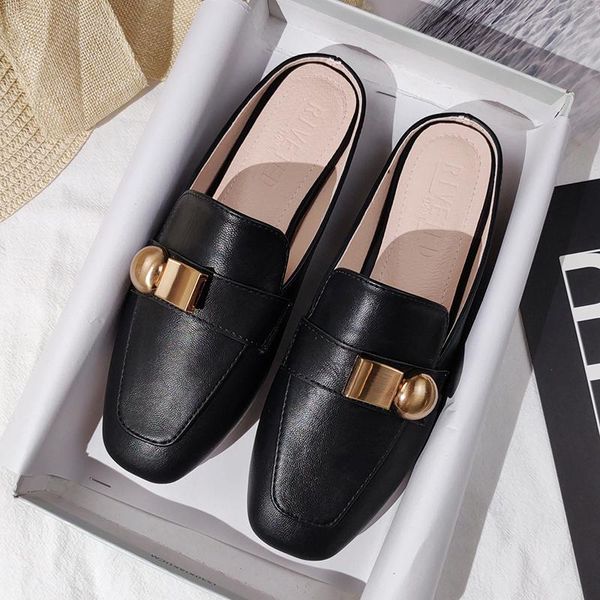 

slippers women's outdoor flat muller fashion sandals 2021 leather shoes, Black