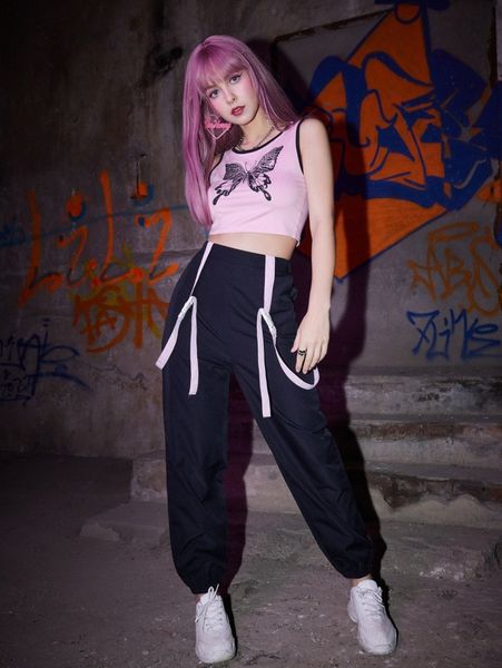 

romwe butterfly graphic tank & solid tape pants d8bk#, White