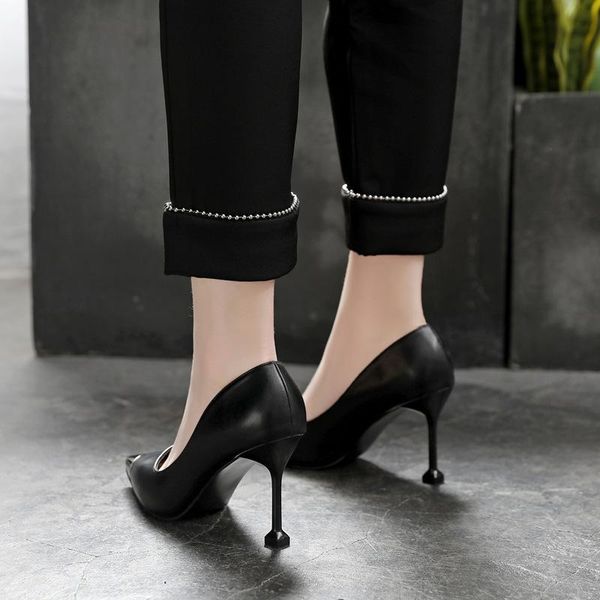 

women's shoes pointed metal toe cap 2021 pu 5cm/ 7cm /8.5cm high heels stiletto cat heel single dress, Black