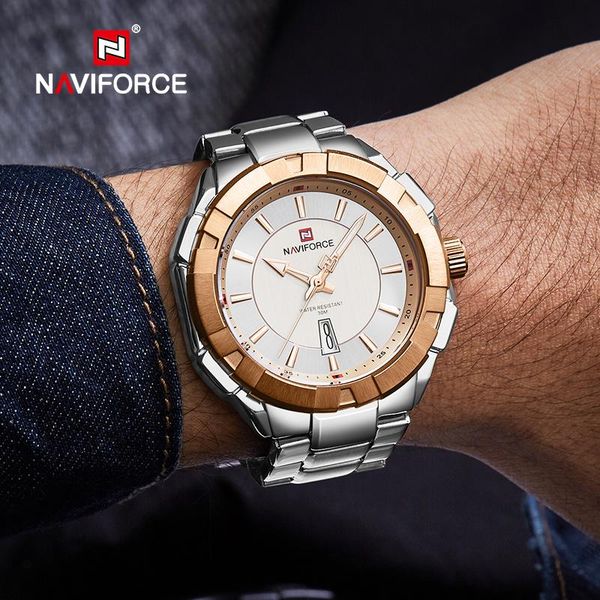 

wristwatches naviforce luxury men's watches business stainless steel waterproof quartz wristwatch male date display clock relogio mascu, Slivery;brown