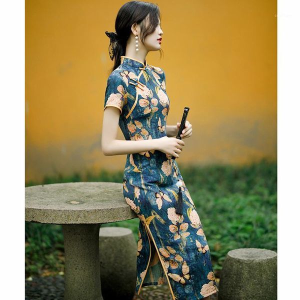 

ethnic clothing vintage cheongsam summer fashion chinese elegant style butterfly floral printing slim thin dresses party qipao, Red