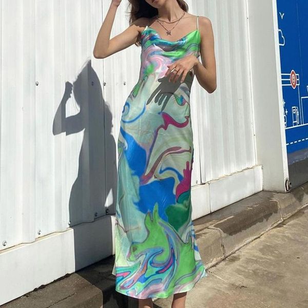 

casual dresses women ankle-length summer slim-fit sling dress female sleeveless printed cowl neck spaghetti strap long, Black;gray