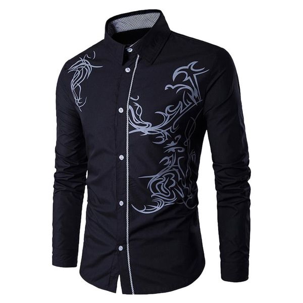 

men's casual shirts 2021 cotton long sleeve mens spring autumn dragon print slim fit stand collar shirt male clothes plus size 3xl, White;black