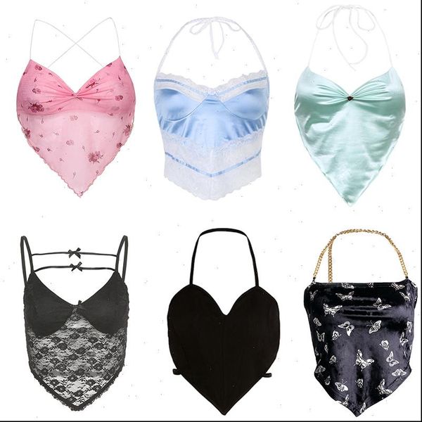 

y2k aesthetic cute women camis crop sleeveless v neck backless bandage camisole e girl halter 2000s clothes, White