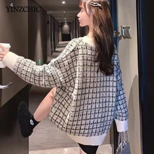 

women's sweaters 2021 winter thick sweater woman v-neck plaid knitted pullovers autumn knit outwear warm loose casual, White;black